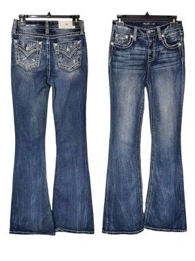 Y2K Miss Me High Rise Flare Leg Jeans 26 Rhinestone Silver Stitching Stretch